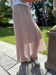 Taupe Pleated Mesh Tulle Skirt
