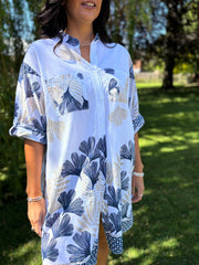Navy Botanical Leaf Longline Shirt Lucinda