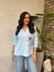 Light Blue Collared Flower Sweatshirt Angel