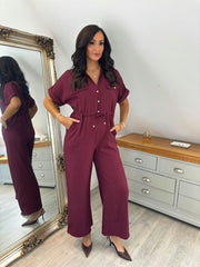 Wine Wide Leg Collared Jumpsuit Carrie