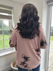 Rose Sketched Flower V Neck Top Amy