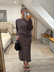 Mocha Button Detail Two Piece Skirt Set Jenny