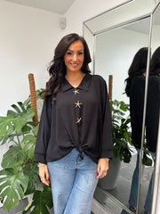 Black Brooch Tie Front Blouse Megan