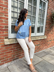 Denim Asymmetric Panel Flower Top Adele