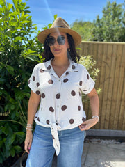 Cream Polka Dot Tie Front Blouse Tiana