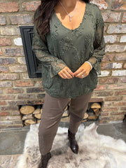 Khaki Textured Floral Mesh Top Imogen