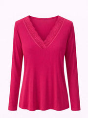 Lipstick Ribbed Long Sleeve Lace V Neck Erin