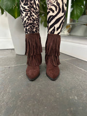 Chocolate Fringed Faux Suede Ankle Boots