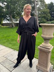 Black Ruched Pebble Button Top Kate