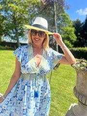 Blue Tile Print Ruffle Dress Natalia