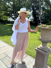 Taupe Pleated Mesh Tulle Skirt