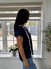 Navy Diamante Floral Lace Trim Tee Aria