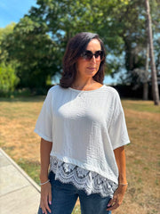 White Asymmetric Lace Trim Top Maria