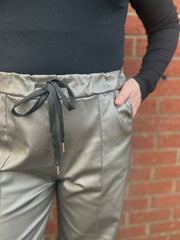 Pewter Wide Leg Seam Front Pleather Trousers