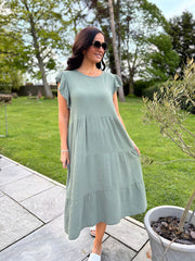 Khaki Frill Sleeve Bubble Cotton Dress Mae