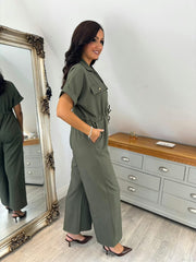 Khaki Wide Leg Collared Jumpsuit Carrie