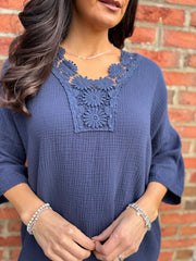 Navy Boho Daisy Bubble Cotton Top Skye