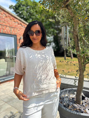 Stone Striped Textured Linen Top Anais