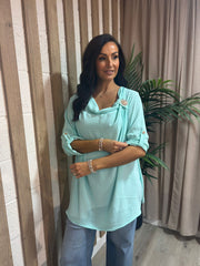 Aqua Gathered Cowl Neck Top Harper