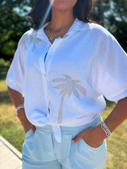 White Linen Studded Palm Shirt Ruby