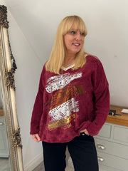 Wine Chenille Leopard V Neck Sweatshirt Elle