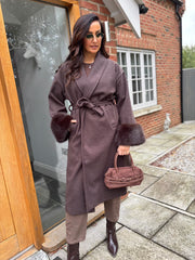 Chocolate Luxury Faux Fur Cuffed Coat Valentina