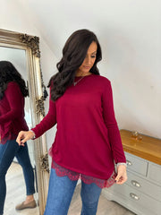 Wine Ruched Lace Trim Top Janet