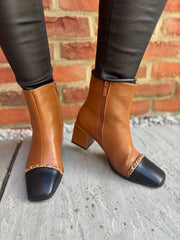 Tan Chain Front Block Heel Boots