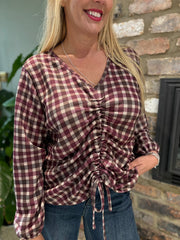 Wine Checked Drawstring Top Miranda