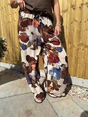 Chocolate Floral Brushwork Print Trousers