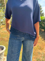 Navy Asymmetric Lace Trim Top Maria
