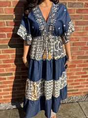 Dark Denim Tiered Floral Kaftan Roxie