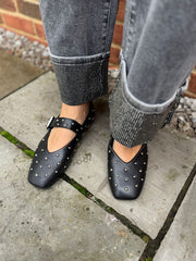 Black Stud Buckle Flats