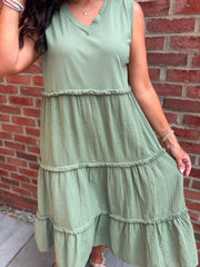 Green Bubble Cotton Fringed Tier Dress Amanda