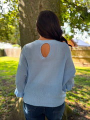 Light Blue Applique Ruffle Sleeve Knit Crystal