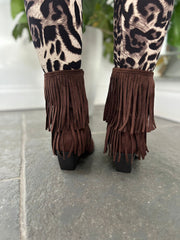 Chocolate Fringed Faux Suede Ankle Boots