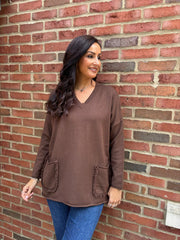 Chocolate Fringed Pocket Knit Ruth