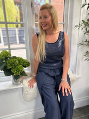 Navy Tie Detail Wrap Trousers