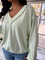 Mint Slogan V Neck Sweatshirt Dakota