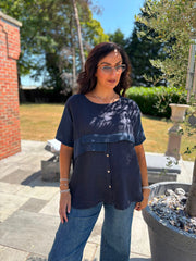 Navy Linen Button Top Taylor