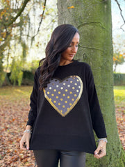 Black Metallic Heart Ribbed Sweatshirt Brooke
