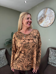 Camel Sketched Flower Knit Top Ava