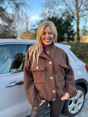 Chocolate Boucle High Neck Bomber Jacket Jude