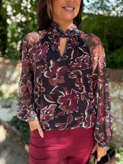 Wine Floral Mesh Top Louise