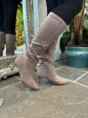 Mocha Faux Suede Pointed Knee High Boots