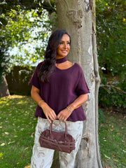 Aubergine Asymmetric Off Shoulder Knit Cora