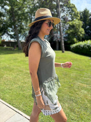 Khaki Lace Hem Top Yasmin