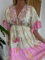 Pink Tiered Golden Leaf Kaftan Dress Molly