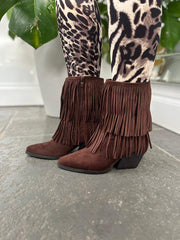 Chocolate Fringed Faux Suede Ankle Boots