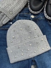 Grey Embellished Beanie Hat